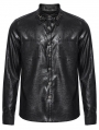 Black Gothic Dragon Scale Faux Leather Fitted Shirt for Men