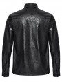 Black Gothic Dragon Scale Faux Leather Fitted Shirt for Men