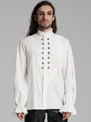 White Gothic Retro 3D Pleated Lantern Sleeve Shirt for Men