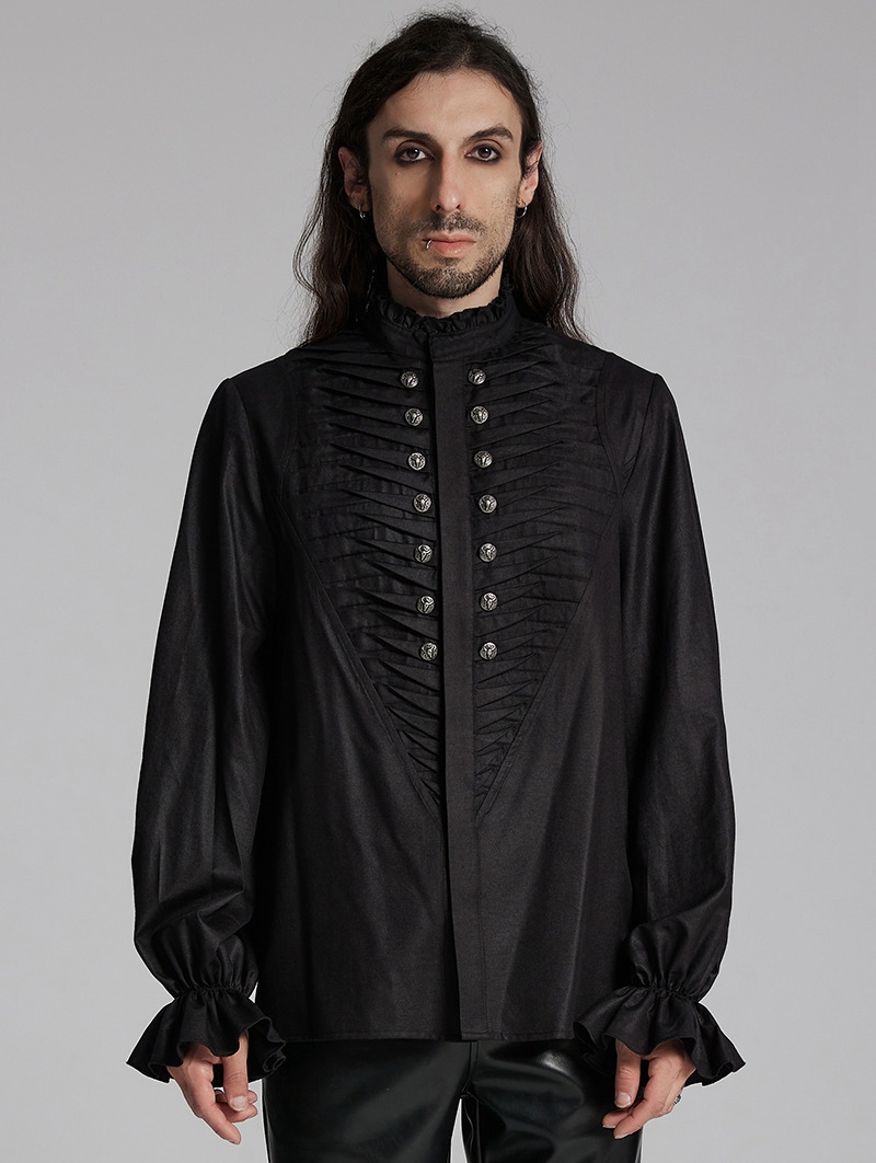 Black Gothic Retro 3D Pleated Lantern Sleeve Shirt for Men