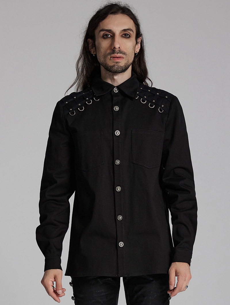 Black Gothic Punk Studded Handsome Fitted Shirt for Men