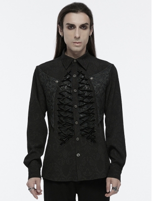 Black Gothic Lace Up Front Skeleton Structured Shirt for Men