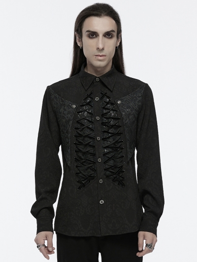 Black Gothic Lace Up Front Skeleton Structured Shirt for Men