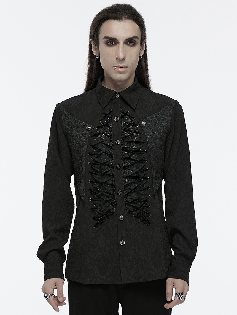 Black Gothic Lace Up Front Skeleton Structured Shirt for Men