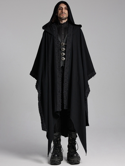 Black Gothic Decadent Dark Mage Hooded Robe Coat for Men