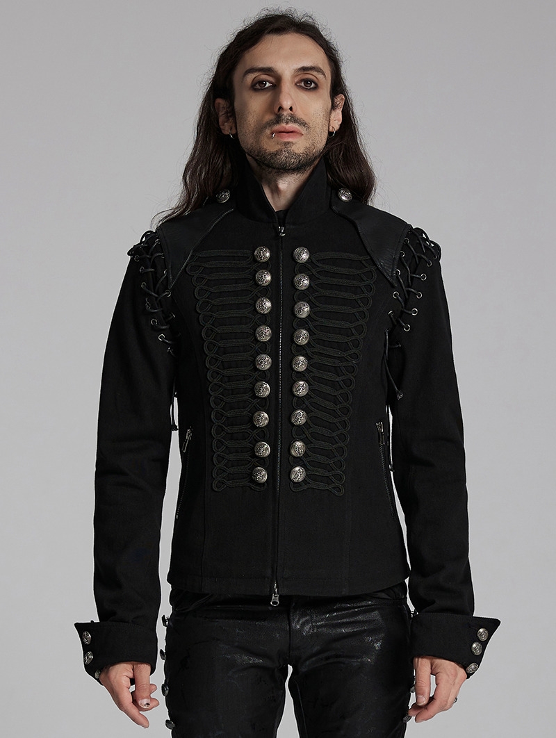 Black Gothic Punk Military Men's Jacket with Detachable Sleeves