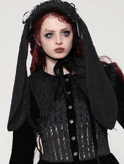 Black Gothic Lolita Rabbit Ear Rose Lace Bonnet