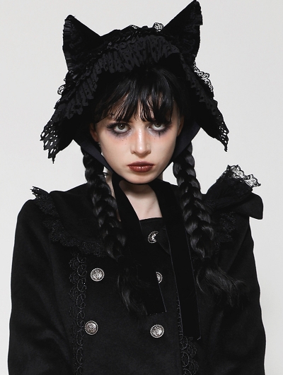 Black Gothic Velvet Lace Trim Cat Ear Bonnet