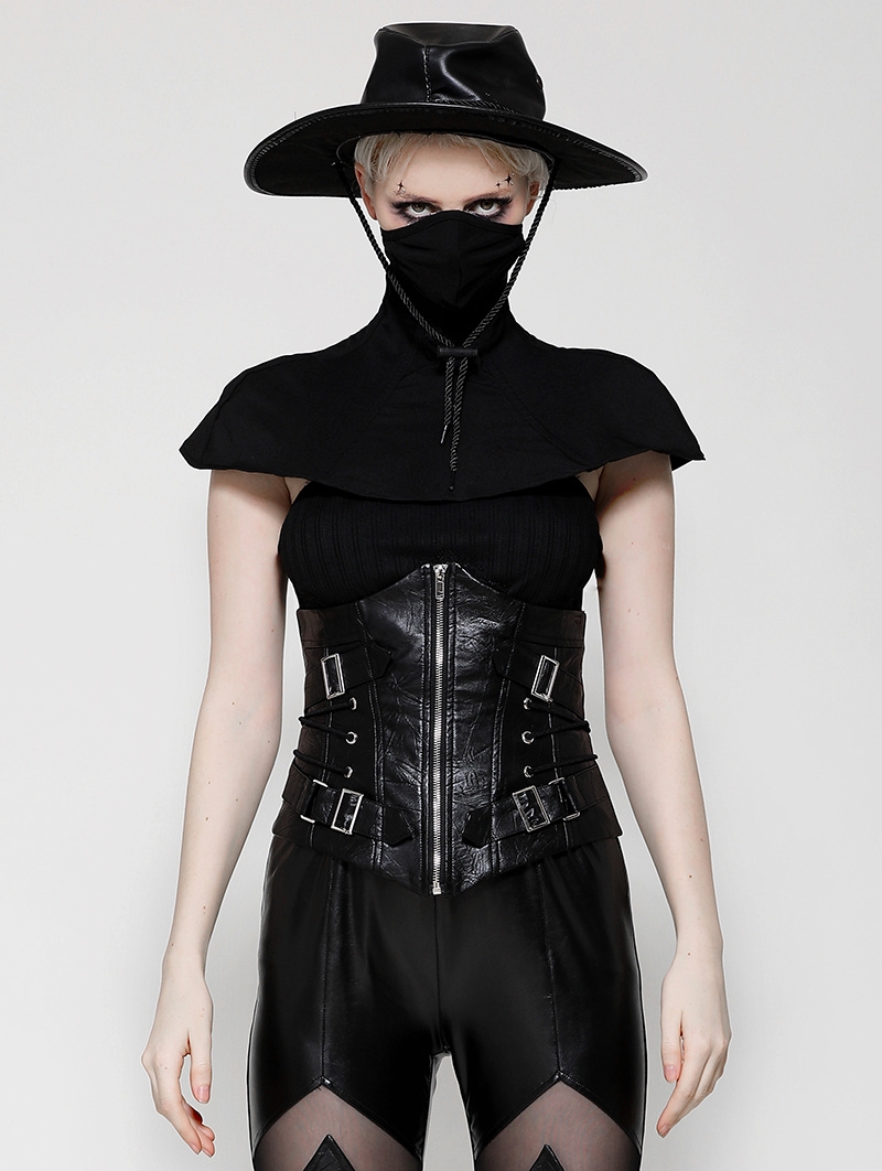 Black Gothic Punk Mysterious Assassin High-Collar Cape for Women