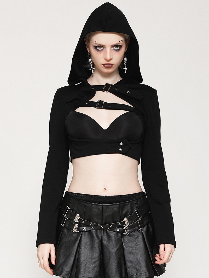 Black Gothic Punk Hooded Cross-Strap Buckle Shrug for Women