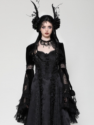 Black Gothic Elegant Velvet Lace Splicing Shrug for Women