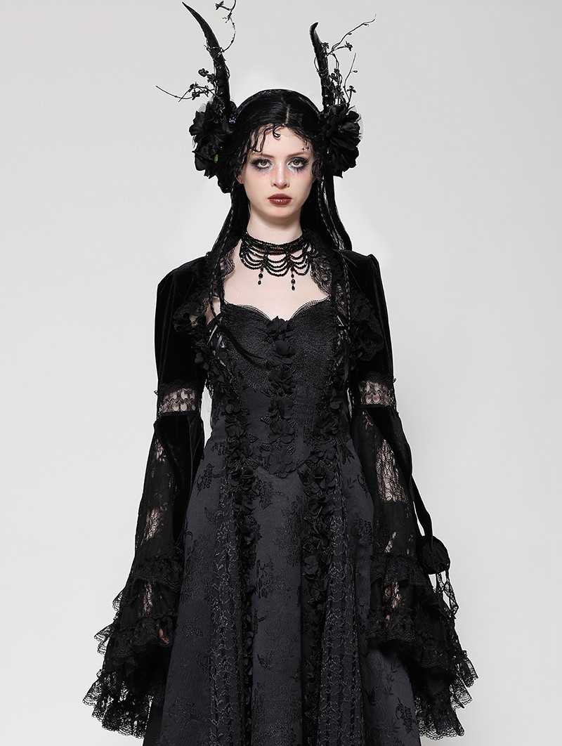 Black Gothic Elegant Velvet Lace Splicing Shrug for Women