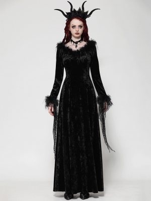 Black Gothic Dark Velvet Faux Fur Trim Long Sleeve Maxi Dress