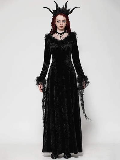 Black Gothic Dark Velvet Faux Fur Trim Long Sleeve Maxi Dress