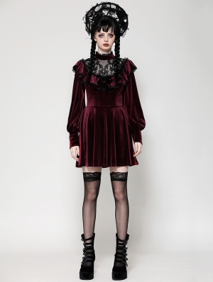 Dark Red Velvet Gothic High Neck Long Sleeve Short Doll Dress