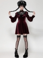 Dark Red Velvet Gothic High Neck Long Sleeve Short Doll Dress