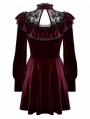 Dark Red Velvet Gothic High Neck Long Sleeve Short Doll Dress