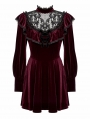 Dark Red Velvet Gothic High Neck Long Sleeve Short Doll Dress