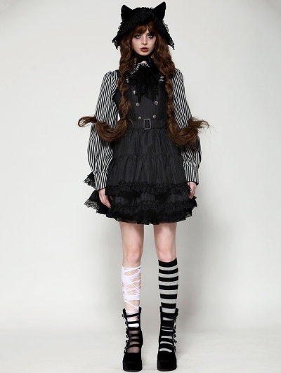 Black Gothic Dark Striped Double-Breasted Short Tiered Doll Dress