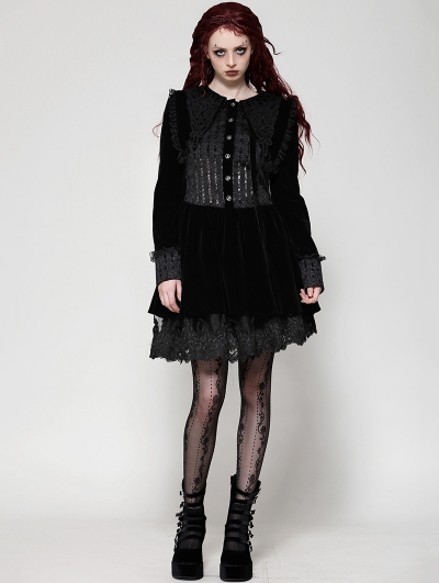 Black Gothic Velvet Lace Patchwork Bowknot Schoolgirl Short Dress