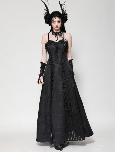 Black Gothic Butterfly Embroidery Spaghetti Strap Lace Maxi Dress