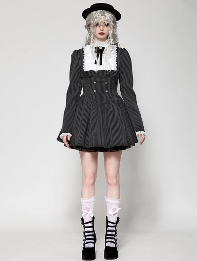 Black Gothic Striped Ruffle Lace Trim Scholarly Academy Dress