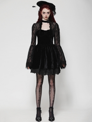 Black Gothic Dark Floral Jacquard Velvet Lace Short Dress