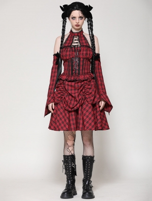 Red and Black Plaid Halter Cold Shoulder Gothic Lolita Dress