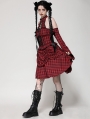 Red and Black Plaid Halter Cold Shoulder Gothic Lolita Dress