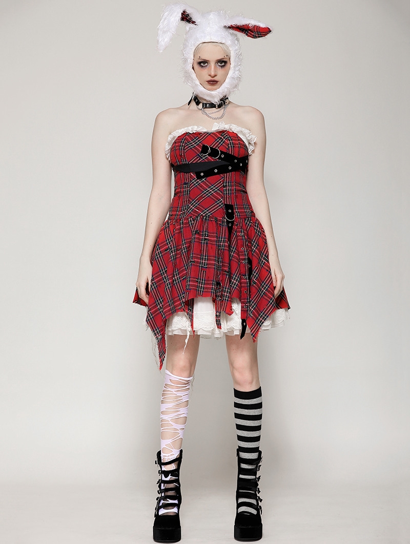 Red Christmas Punk Gothic Distressed Asymmetric Plaid Short Dress