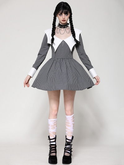 Gray and White Gothic Batwing Neck Contrast Stripe Short Dress