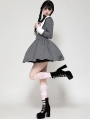 Gray and White Gothic Batwing Neck Contrast Stripe Short Dress