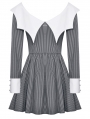 Gray and White Gothic Batwing Neck Contrast Stripe Short Dress