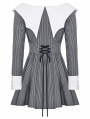 Gray and White Gothic Batwing Neck Contrast Stripe Short Dress