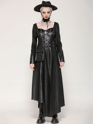 Black Gothic Edgy Faux Leather Punk Asymmetrical Slit Long Dress