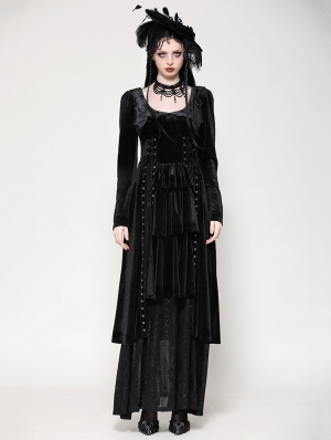 Black Gothic Batwing Deep U-Neck Layered Velvet Maxi Dress