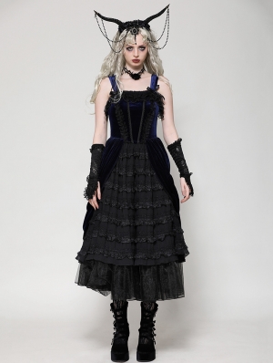 Black and Indigo Gothic Lace Trim Lolita Velvet Party Doll Dress