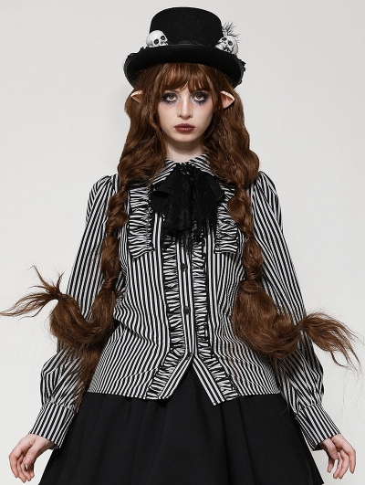 Dark Gray Gothic Lolita Striped Skull Ruffle Blouse for Women