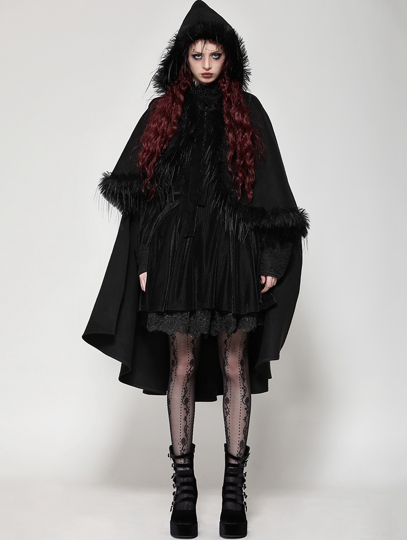 Black Gothic Faux Fur Double-Sided Long Hooded Coat for Women