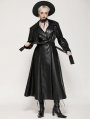 Black Gothic Belted Single Breasted Faux Leather Long Coat for Women