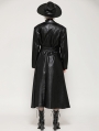 Black Gothic Belted Single Breasted Faux Leather Long Coat for Women