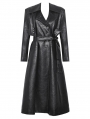 Black Gothic Belted Single Breasted Faux Leather Long Coat for Women