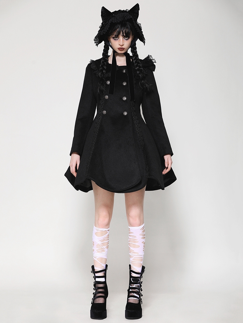 Black Gothic Doll Collar Lolita Double-Breasted Wool Coat for Women