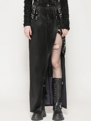 Black Gothic Punk Faux Leather Bodycon Thigh Split Skirt