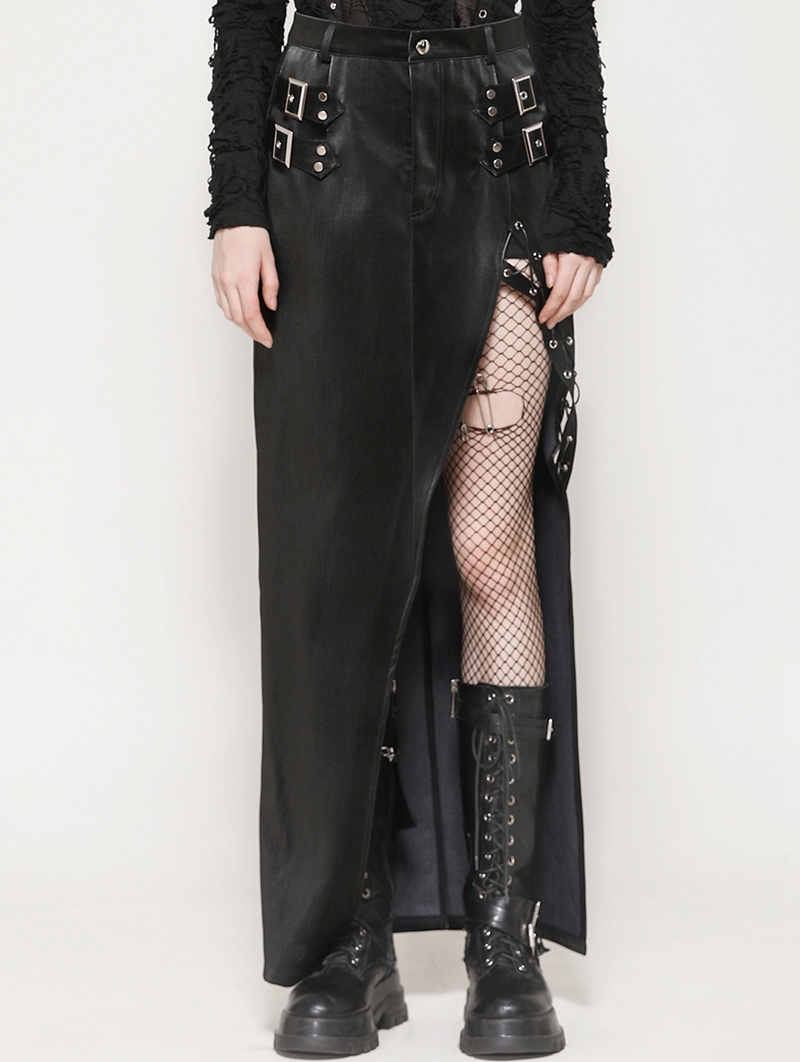 Black Gothic Punk Faux Leather Bodycon Thigh Split Skirt