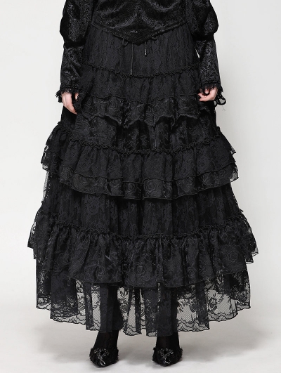 Black Gothic Princess Rose Lace Layered Tulle Tiered Skirt