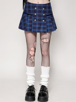 Indigo Gothic Gold Star Double-Breasted Plaid Mini Skirt