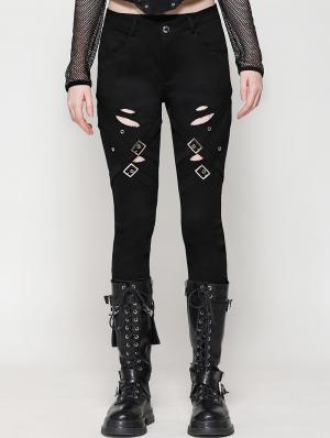 Black Gothic Punk Versatile Distressed Long Pants for Women