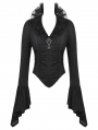 Black Gothic Queen Jacquard Ruffle V-Neck Shirt for Women