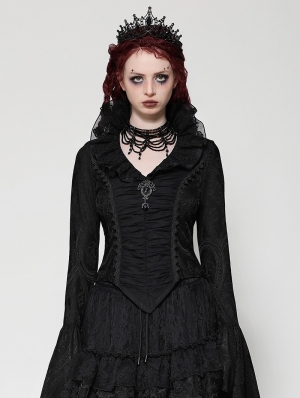 Black Gothic Queen Jacquard Ruffle V-Neck Shirt for Women